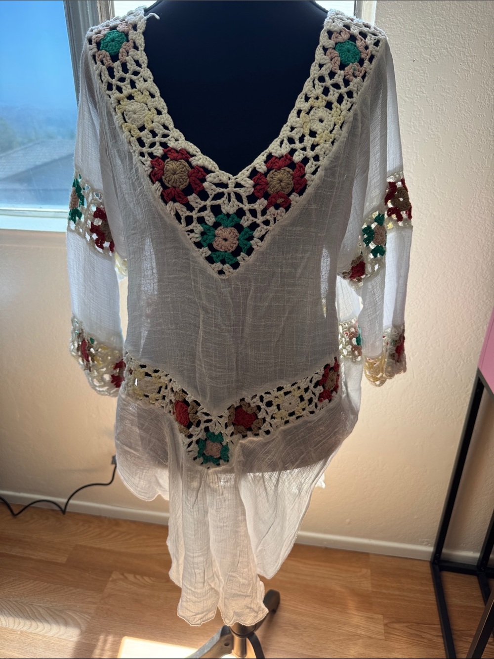 Adore White Gauze Tunic with Multicolor Crochet Insets